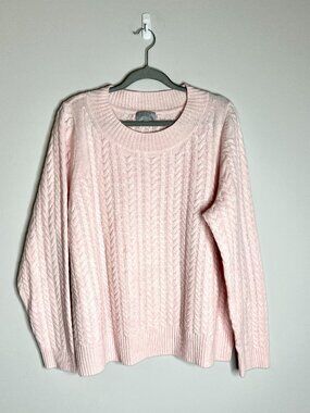 Pure Collection Powder Pink 100% Cashmere Braided Cable-Knit Crew Neck Sweater